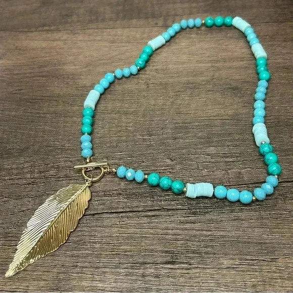 Teal And Gold Tone Beaded Necklace with Feather Pendant - Picture 3 of 3
